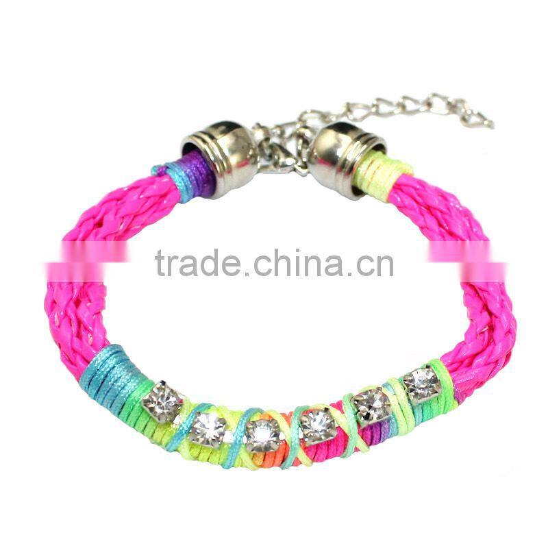 clear crystal chain on woven leather friendship bracelet rhinestone chain hand woven in silk cord boho chic trendy bracelet