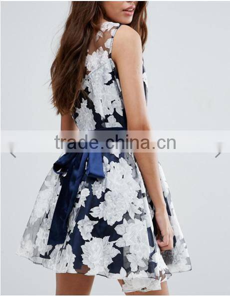 Guangzhou Fashion Clothing OEM Navy Slash Detail Sexy Organza Floral Dress