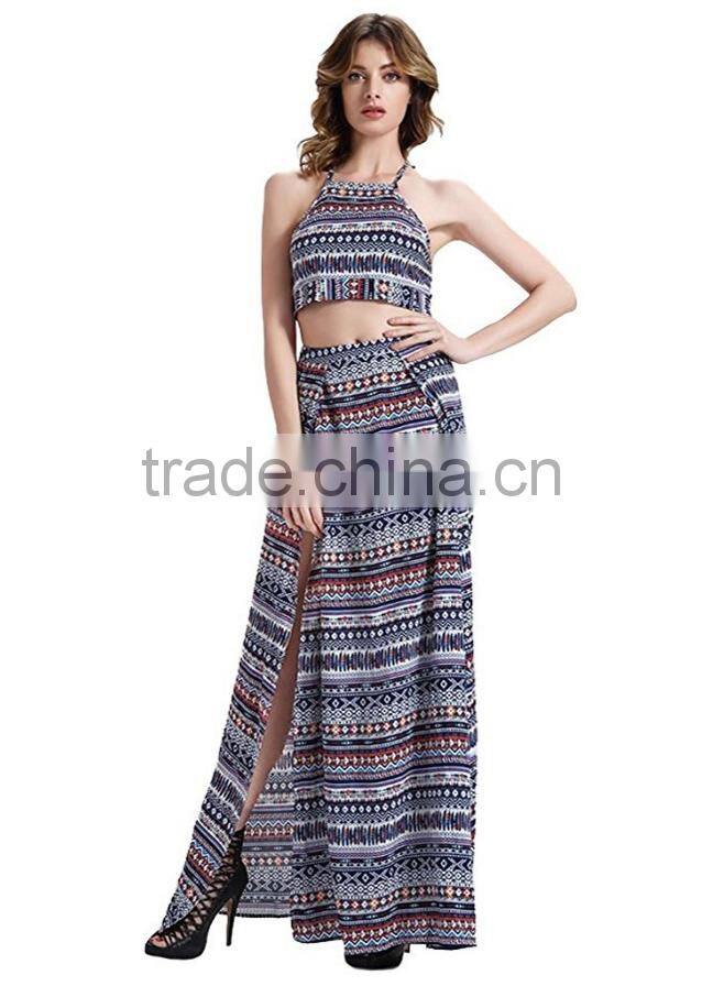 long skirt with kurti and tops for Sexy Women 2 Pieces Floral Halter Backless Crop Top + Maxi Skirt Set