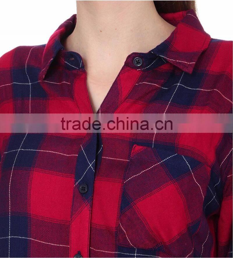 Wholesale Women Collar Long Sleeves Buttoned Cuffs Checked Pattern Curved Hem Shirt(DQE0177T)