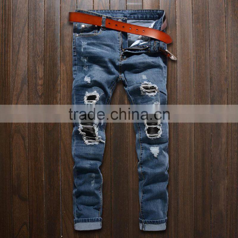2016Men biker Skinny jeans buttom side zipper knee protection elastic jeans denim Biker jeans pants in stock accept small order