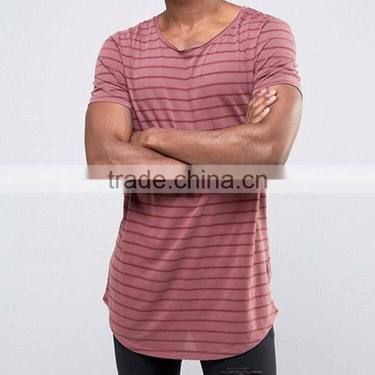Custom men stripe Basic design Long Drop Tail T-Shirt ,enlongated fitness t shirts high quality best price