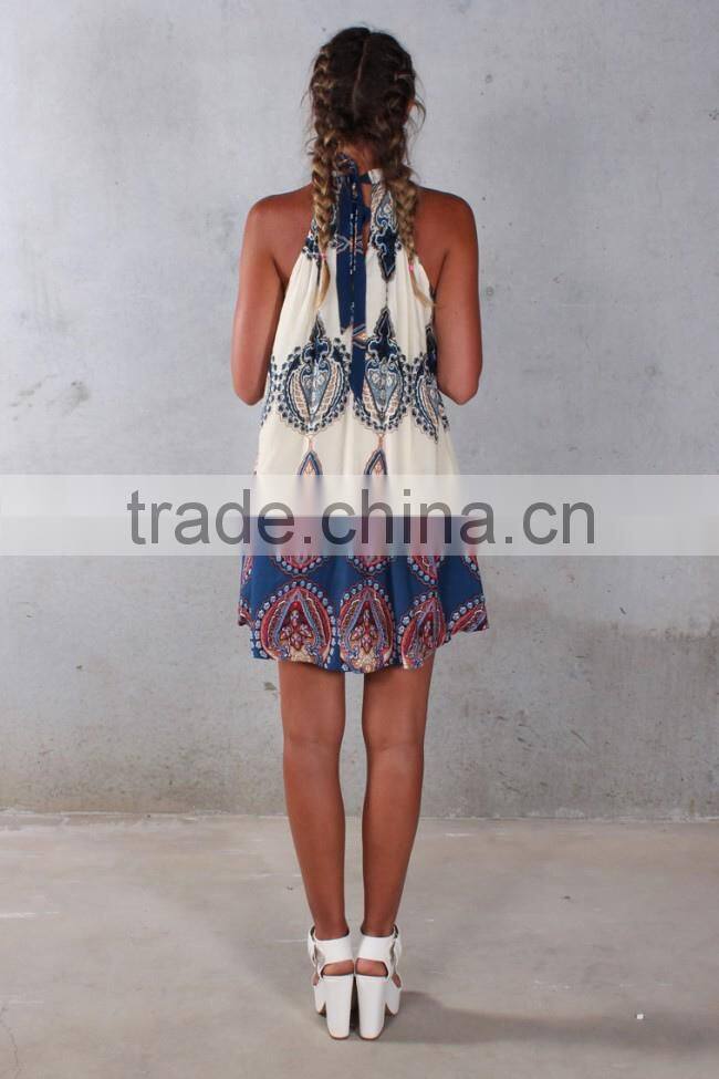 Wholesale Boho Design/Summer loose Printed Halter Style Sleeveless Hippie Women Chiffon Dress Mini Dress Plus Size