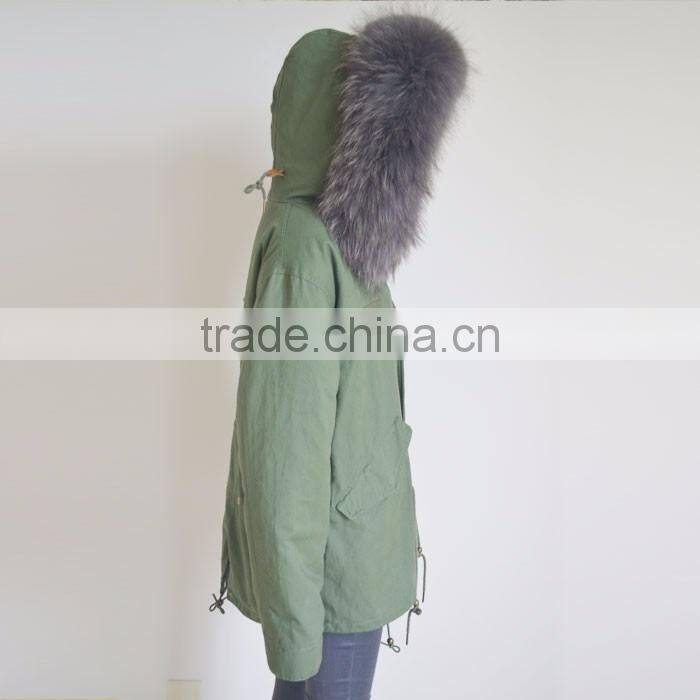 Myfur Customized Army Green Shell Parka Coat with Real Fur Hooded Faux Fur Lining