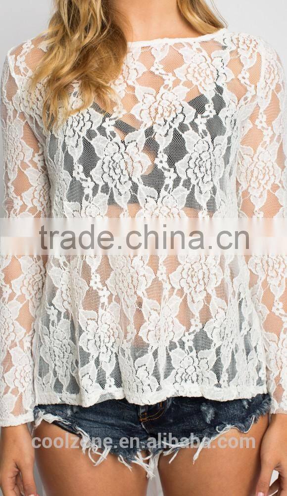 Beautiful lace front long sleeve lower back lace blouse