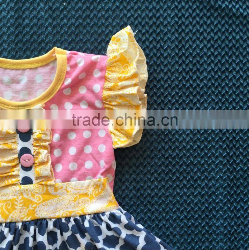 XF-124 New arrival girls easter dress pocket design flutter sleeve girls dress quatrefoil polka dot print baby girls dress