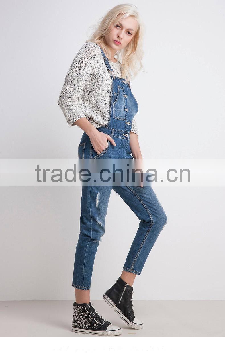 Women's spring slim fit distressed denim jeans short suspender bib overalls