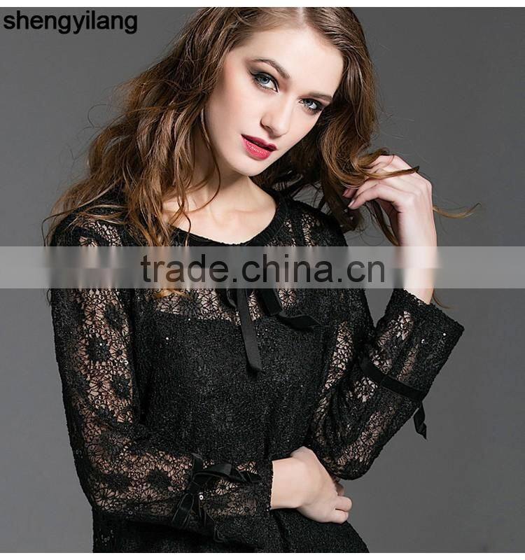 customize fashion black lace hollowed-out two-piece middle long dress
