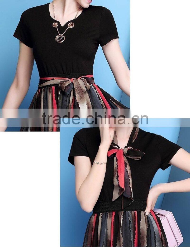 Summer Odile and chiffon combined little V-neck middle/long style dress with waist bow