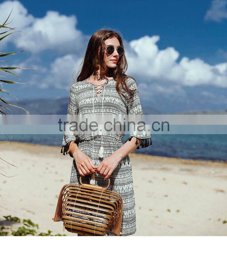 Summer dress for women new national style printing dresses with ropes short sleeve V-neck elegant beach dresses