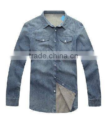 2016 new double pockets slim fit stone washed denim shirt for man