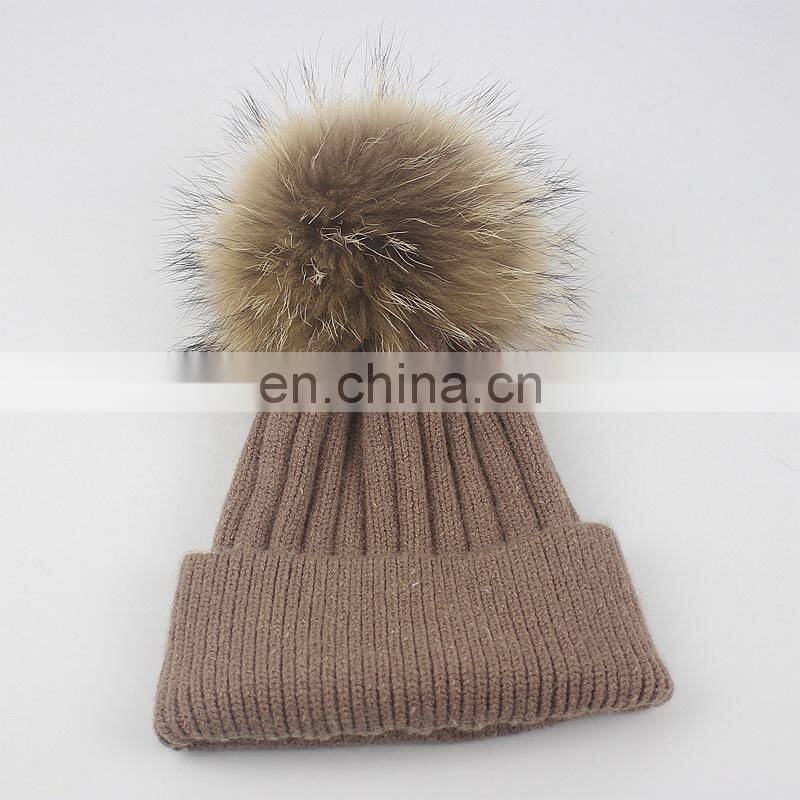 Top Quality Big Fur Pom Pom Kids Hats Raccoon Fur Balls Baby Knitted Hat