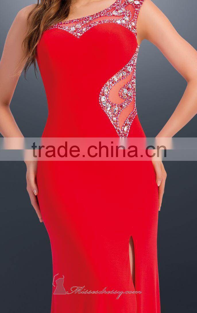 Fashional One Shoulder with Multicolored and Dazzling Beaded Shealth Side Slit Floor Length Red Carpet Evening Dresses Plus Size
