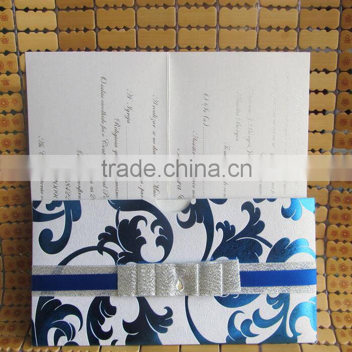 Amazing Silver Ribbon Pocket Fold English Wedding Invitation Card