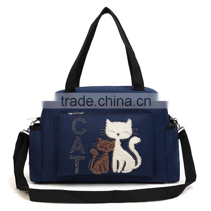 2016 Women Handbags Solid Color Canvas Bag Fashion Ladies Shoulder Bag With Cute Cat Appliques Portable Big Capacity Casual Tote