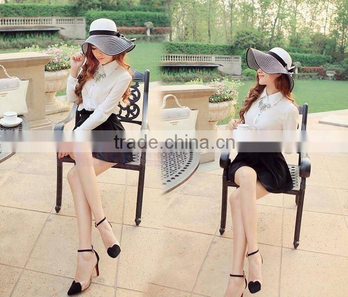 Wholesale summer panama paper straw hat striped lady floppy hat