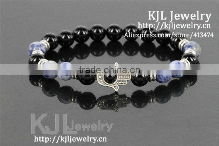 KJL-A0246 wholesale silver hamsa palm charm bracelet,natural agate stone beaded evil eye bracelet bangle