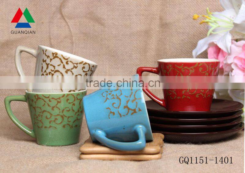 Best Selling heart shape decal ceramic cup and saucer for cheap bulk
