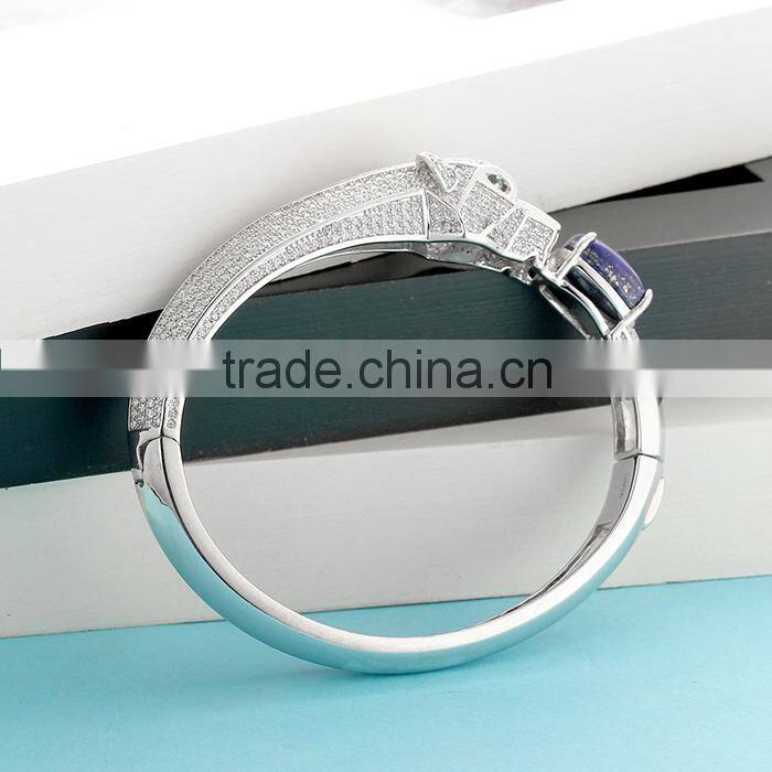 925 Sterling Silver Fashion Lapis Lion Head Bangle Bracelet SBG763W