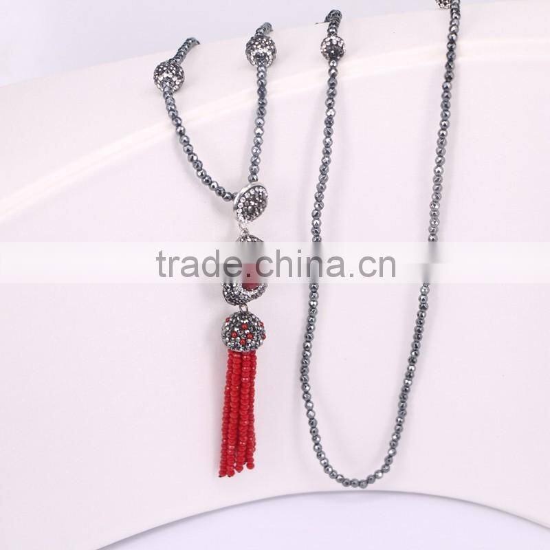 Charm Flower Red Gem Stone with Crystal Glass Tassel Pendant Necklace, Crystal Rhinestone Beads Hematite Beaded Necklace