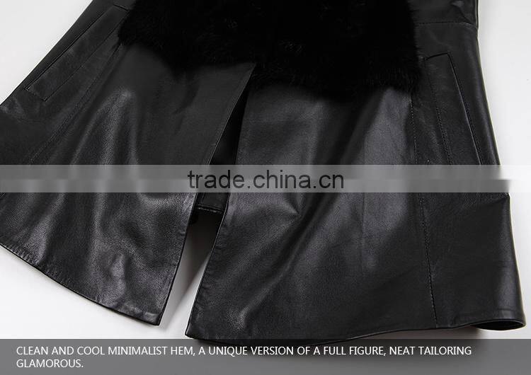 China custom women black leather vest with fur