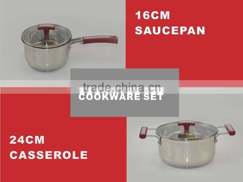 8pcs modern kitchen design stainless steel cookware set with red silicon handle / kitchen accessories/grey salad bowls with red