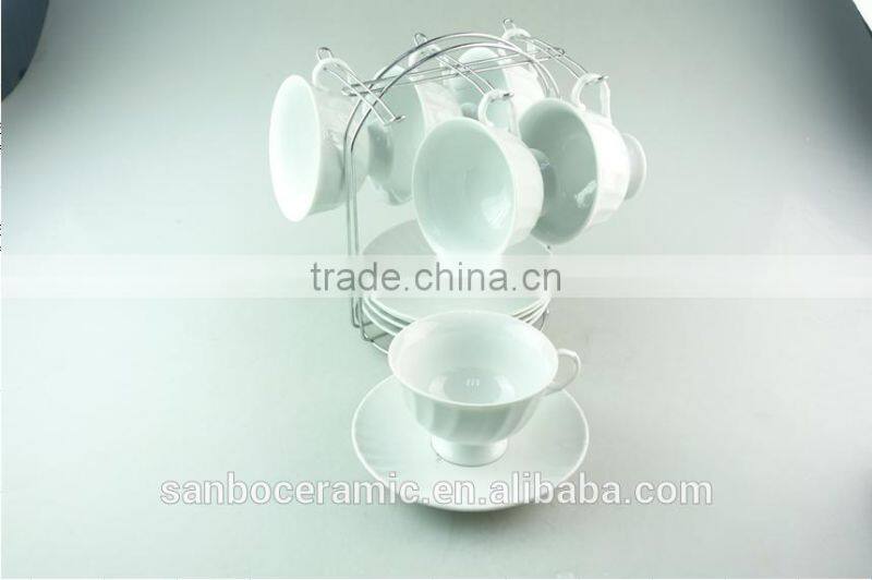 Hot selling Stock set of coffee cup and saucer with metal Rack