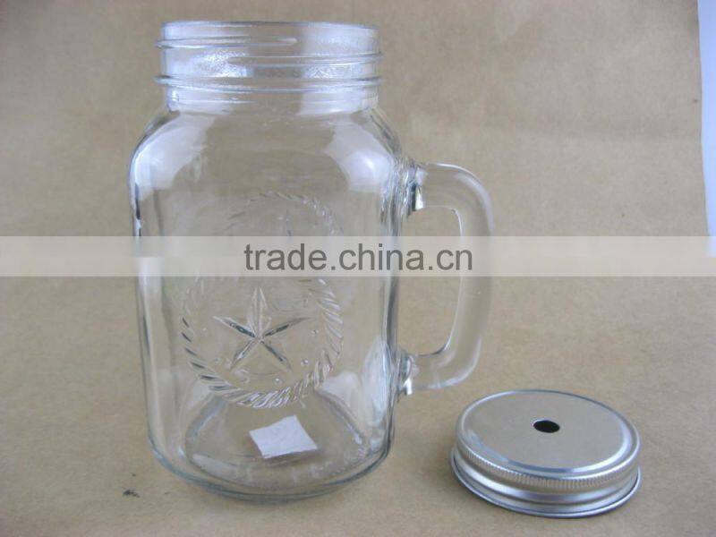 glass mason jars , drinking jar , glass mason jar with handle and metal lid straw
