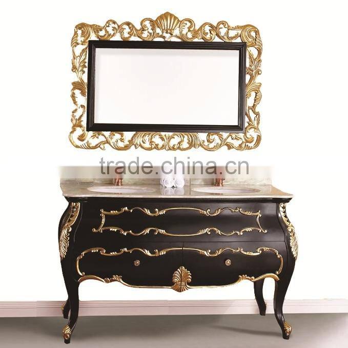 Italian Neo Classic White and Golden Custom Solid Wood Single Basin Bathroom Cabinet with White Marble Countertop BF12-06134a