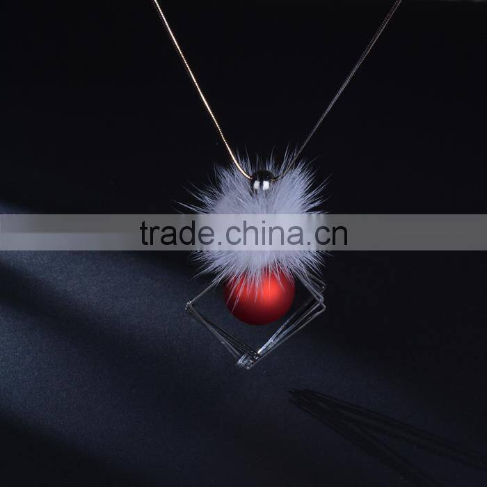 chunky ball metal square pendant necklace winter mink fur ball pendant necklace geometric sweater necklace