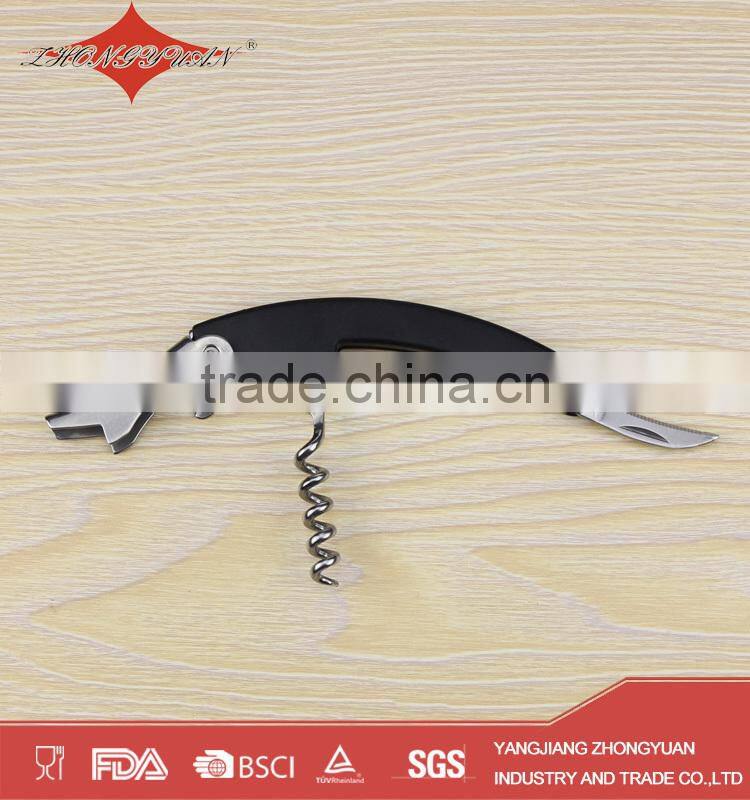 Black plastic corkscrew wine opener with knife