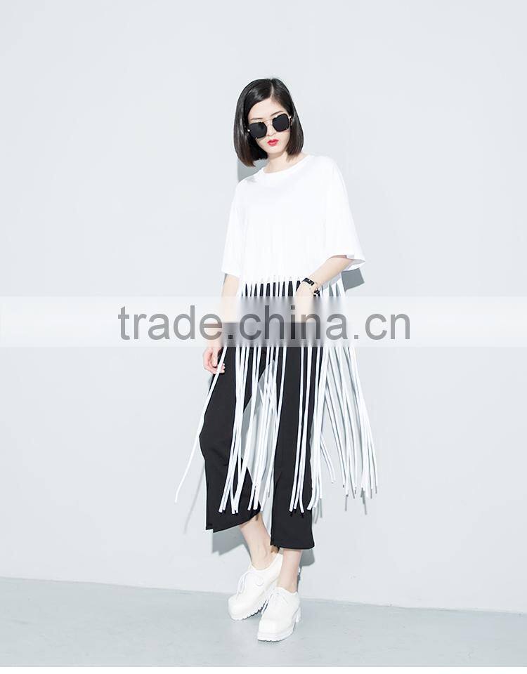 Guangzhou clothing OEM o neck half sleeves black long tassels tshirt