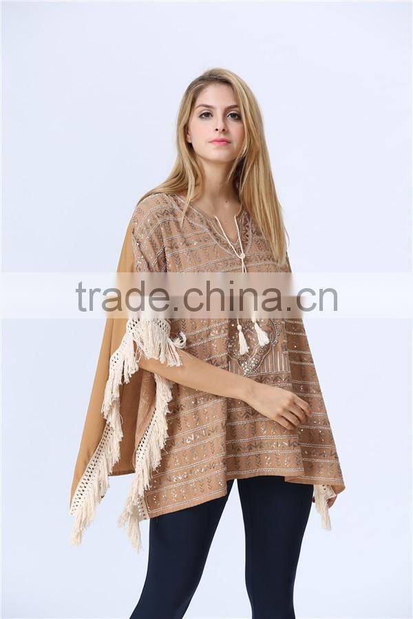 New Arrival Ladies Fashion Design Elegant Winter/Autumn Tan Colour Dolman/ Cape/Shawl Coat With Fringing and Beading for women