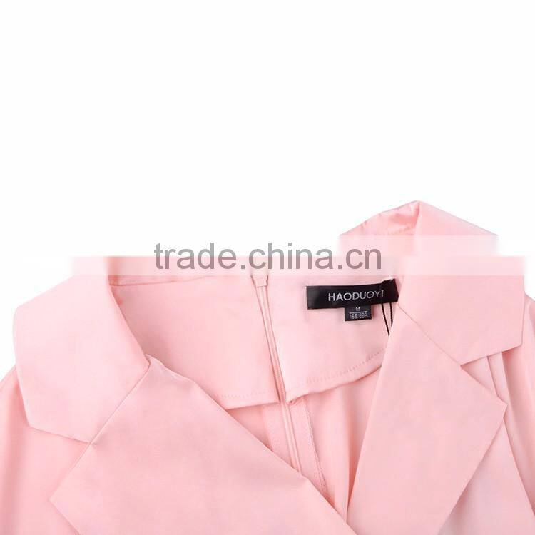 HAODUOYI Women Sexy Plunge Neck Three Quarter Sleeves Tailored Belted Casual High Waist Romper