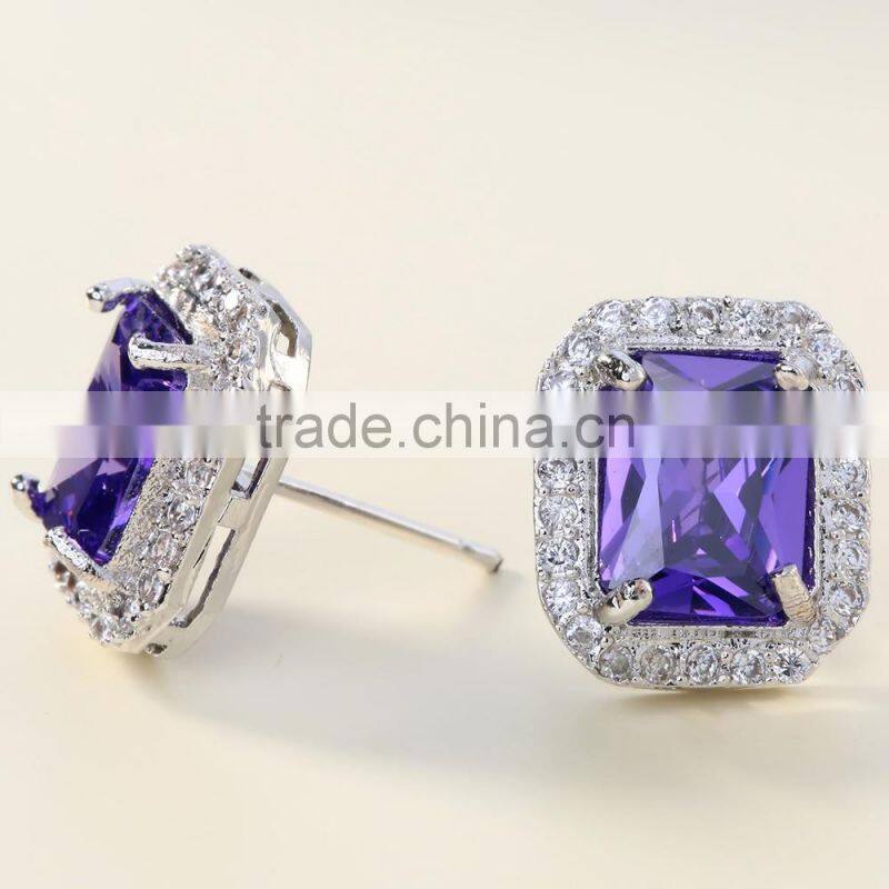 Amethyst women purple zircon platinum plated stud earring