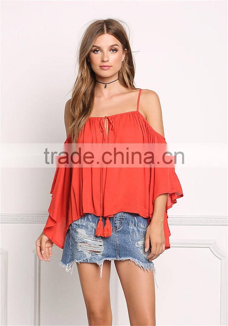 MGOO 2017 New Style Beach Casual Linen Red Blouses Viscose Tie Up Tunic Loose Style Fashion Off Shoulders
