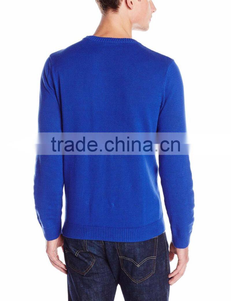 Men Blue Sweater Flying Santa Claus Pattern Christmas Pullover