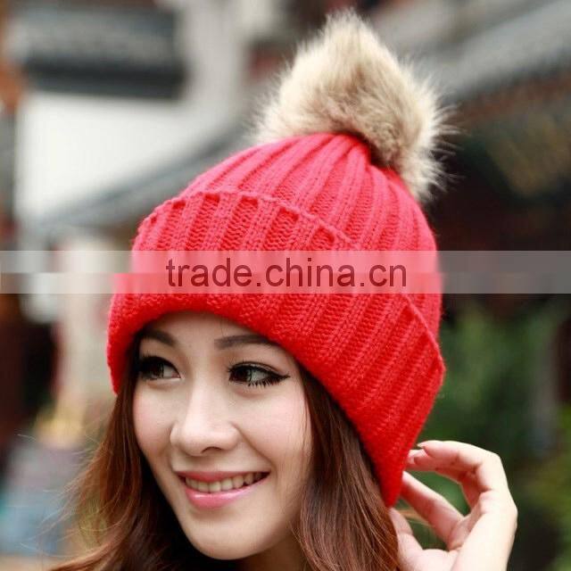 2014 New Women's Knit Cap Beanie Hat With Fur Korean Style Knitted Hat SV007977