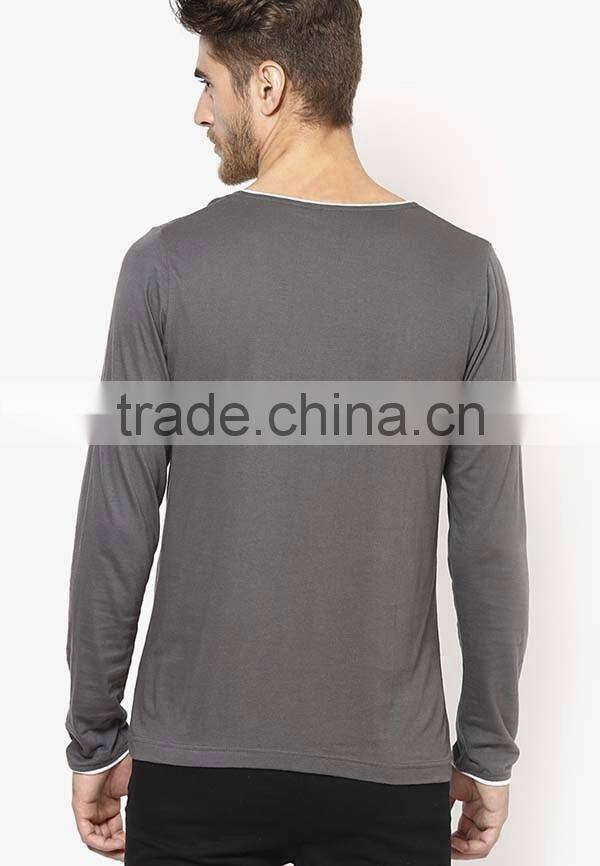 wholesale 100% cotton grey V-neck long sleeve t-shirt