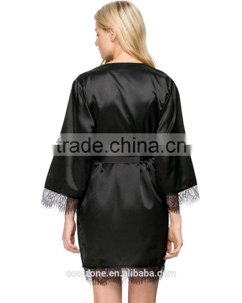 Fashion wrap front long sleeves robe relaxed fit silk robe with belt