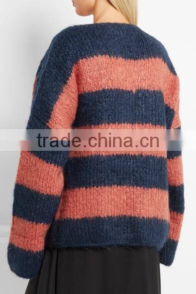 Striped Design Women Cashmere Sweater with Dropped Shoulder