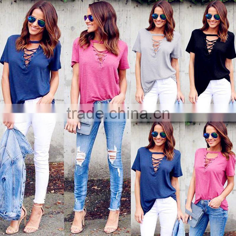 Women's short sleeve v-neck sexy t shirt with eyelet lace-up
