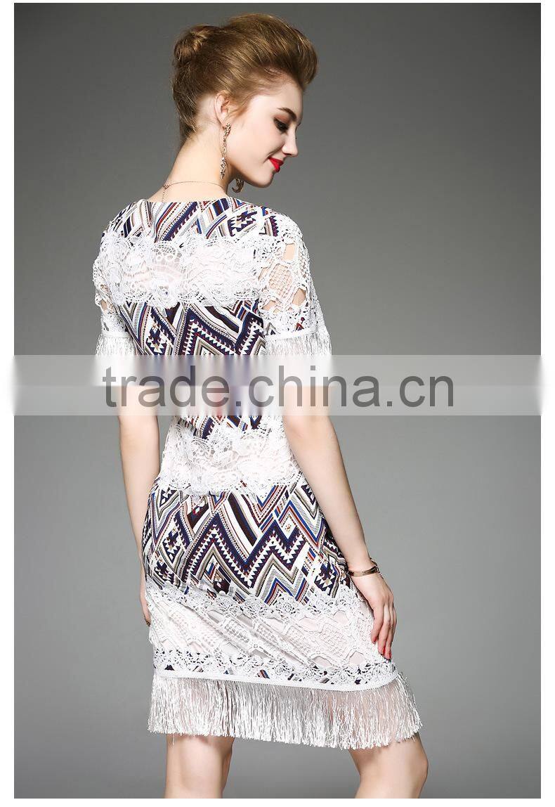 2017 New Design Factory Customized Summer Womens High Grade Slim Elegant Round Collar Tassels Short Sleeve Sexy party Dresses