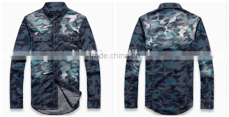 2016 Camouflage style men washed denim casual shirt