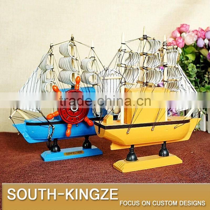 Navy Marine Blue/Yellow Color Wood Sailing Boat Display Model