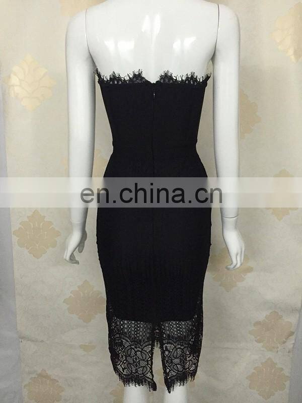 Amigo 2017 latst black Strapless see through sexy lace bandage dress midi tube evening dresses for girls party wear