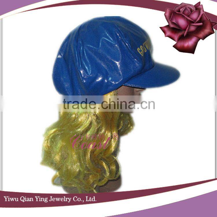 Blue party hat with hair wig attachmed for adults