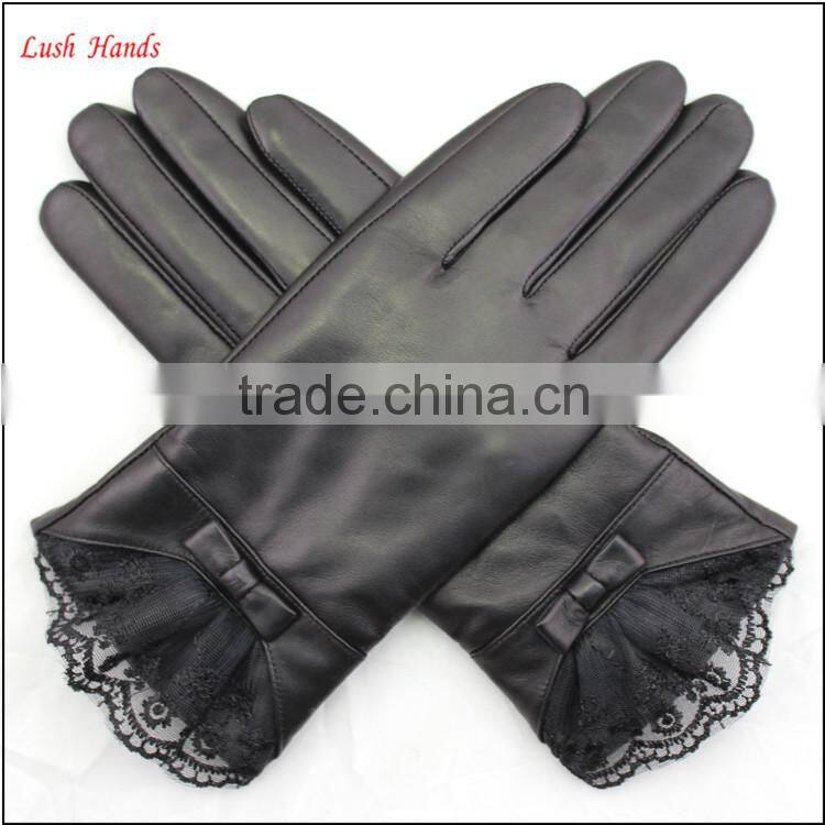 ladies wholesale winter leather hand gloves black with lace