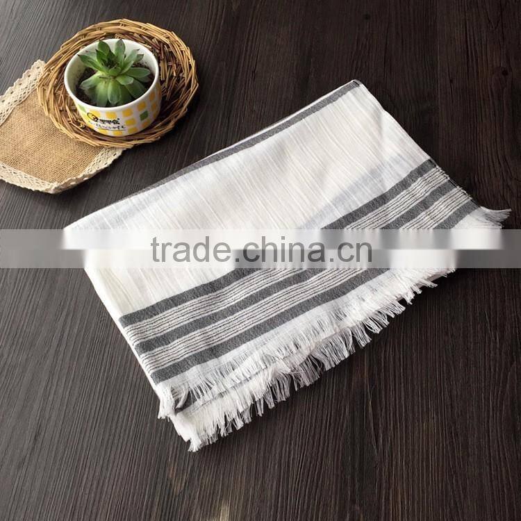 Fashion New Arrival Women Lady Long Plain Cotton Linen Striped Yarn Dyed Scarf