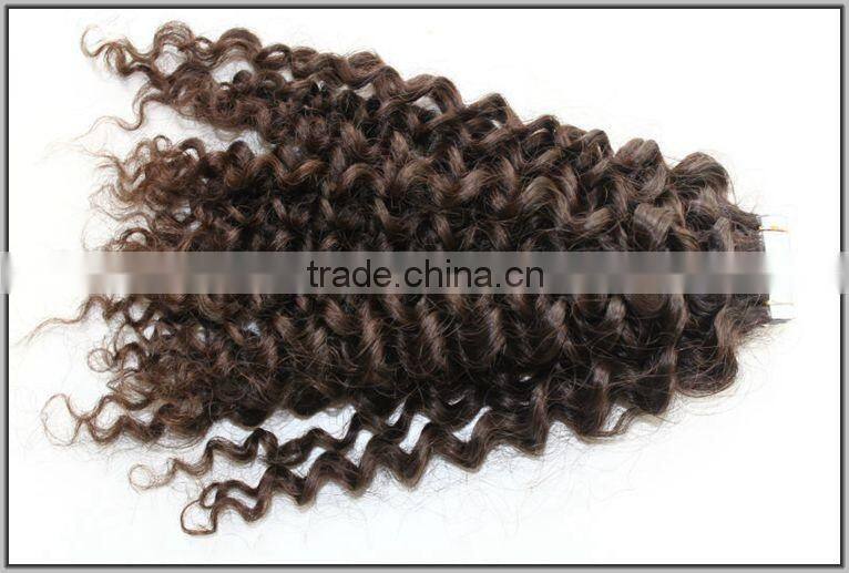 Wholesale 100% brazilian human hair kinky curly skin weft seamless hair extensions tape hair